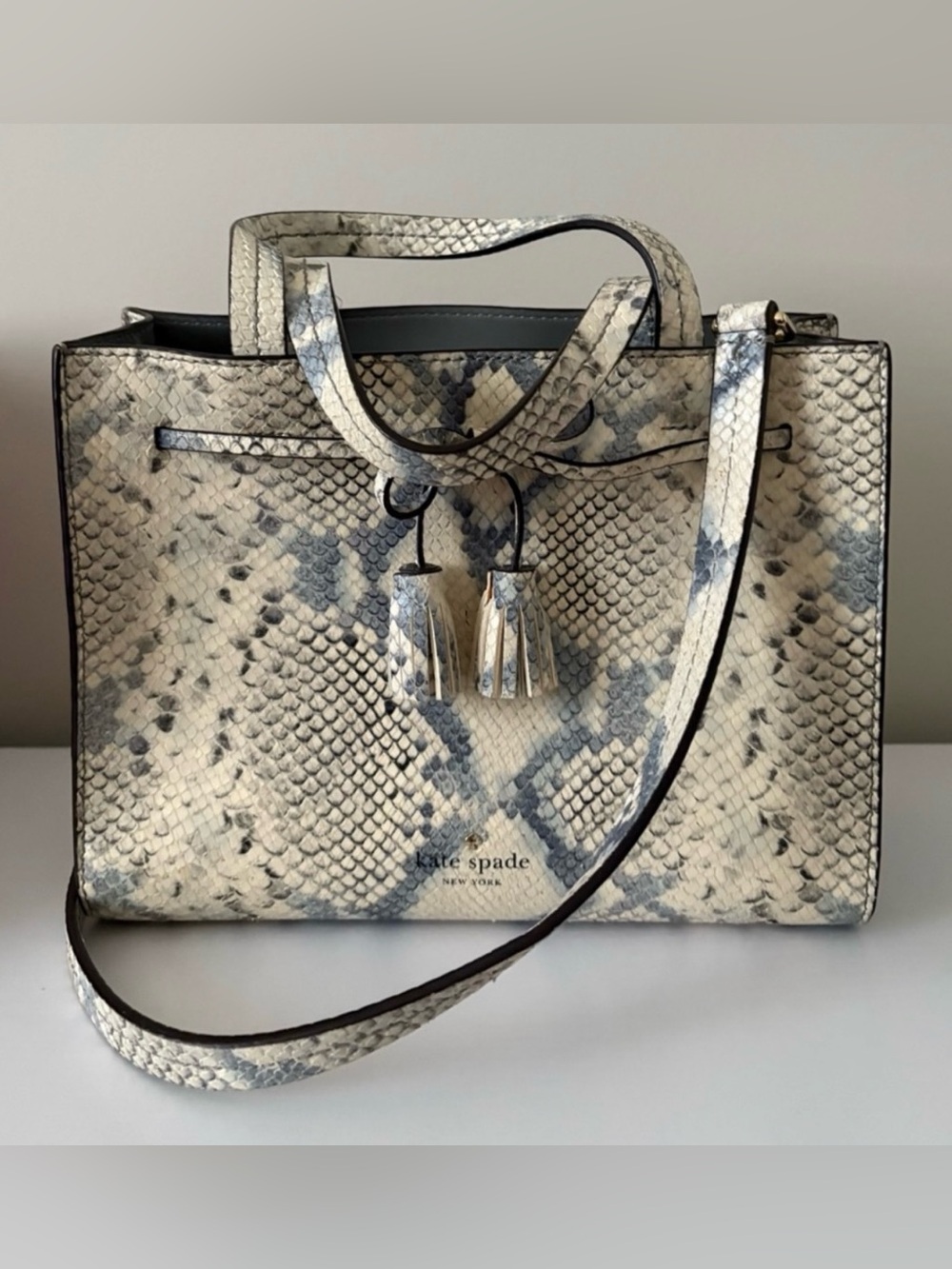 kate spade Cream and grey blue Snake-Print Leather Tote with Tassel